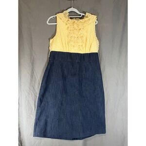 AGB Dress Womens 12 Yellow Swiss Dot Ruffle Chiffon Denim Sheath Mixed Media